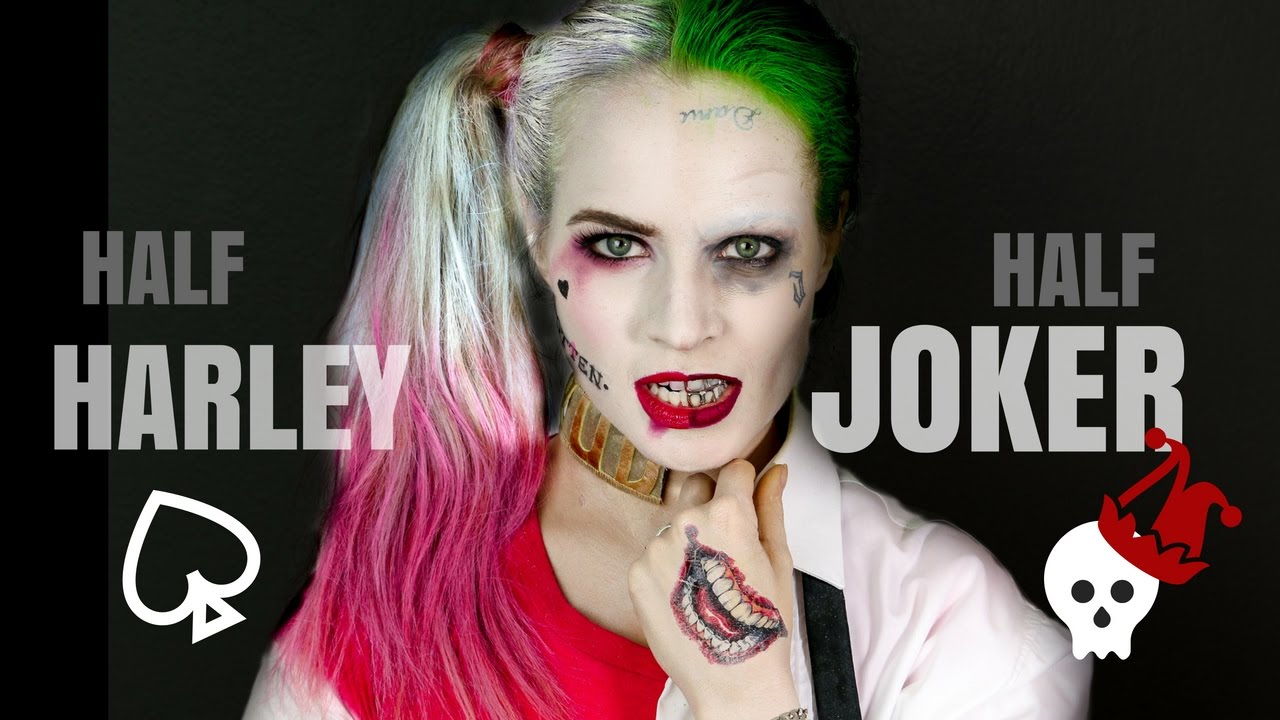 Half Harley Quinn Half Joker Halloween Hair and Makeup Tutorial 1 Half Harley Quinn Half Joker Halloween Hair and Makeup Tutorial